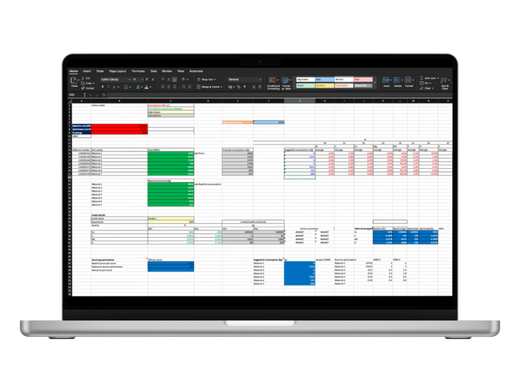 Skärm med Excelfil på industriell beräkning-applikation