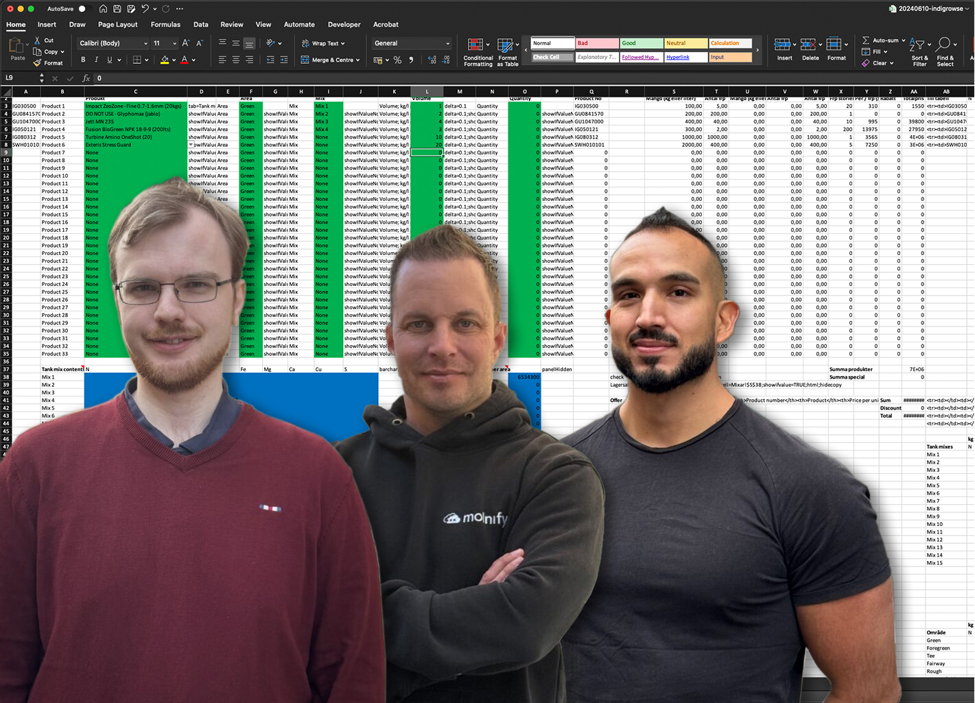 Erik, Mattias och Sascha framför en Excel fil