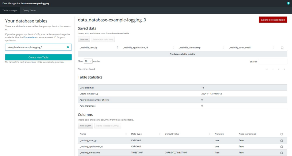 Molnify Database Management Interface 